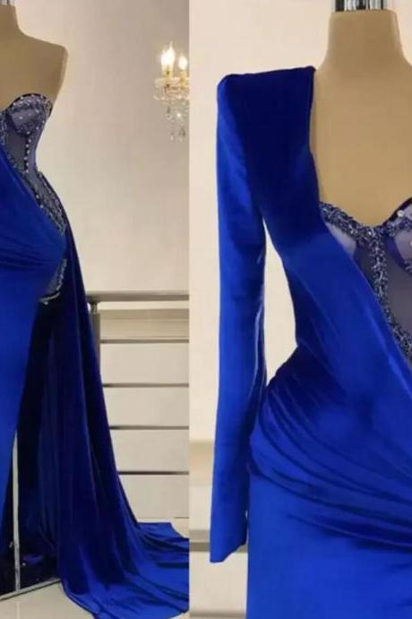 One Shoulder Royal Blue Mermaid Prom Dresses With Side Split