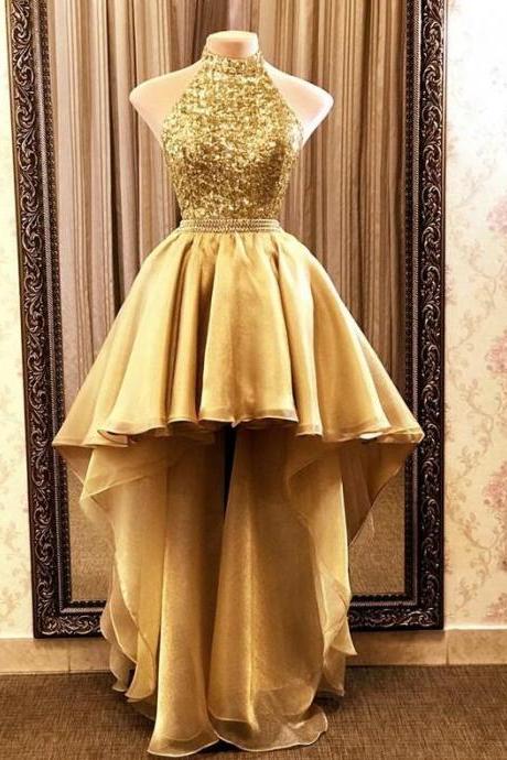 Halter Backless Gold High Low Sequin Organza Prom Dresses