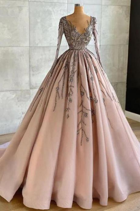 Elegant Ball Gown Luxury Long Sleeve V Neck Prom Dresses