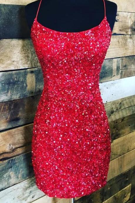 Tight Red Sequins Backless Short Prom Dresses