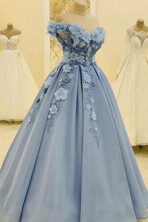 Off The Shoulder Sleeveless Light Blue Flower Prom Dress