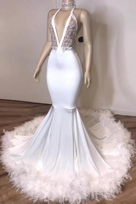 Sexy Backless Prom Dresses With Feather