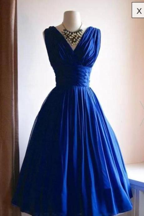 V Neck Royal Blue Tea Length Prom Dresses