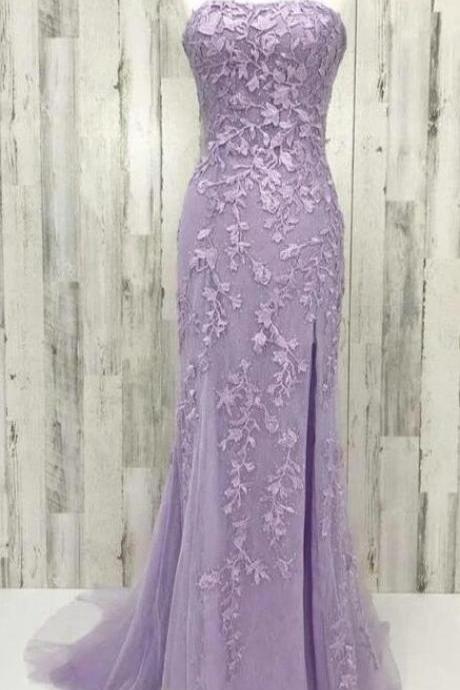 A Line Split Skirt Fit And Flare Lavender Prom Dresses