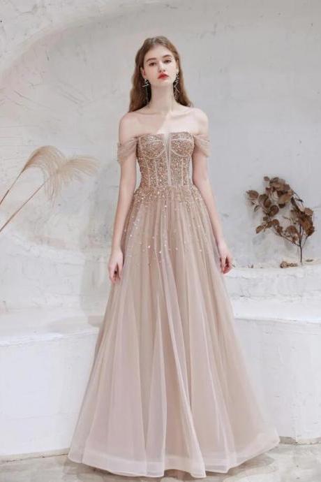A-line Strapless Starlight Princess Champagne Prom Dresses