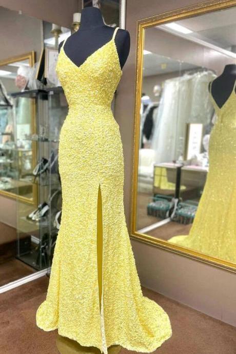 Elegant Yellow Sequins Split Prom Dresses