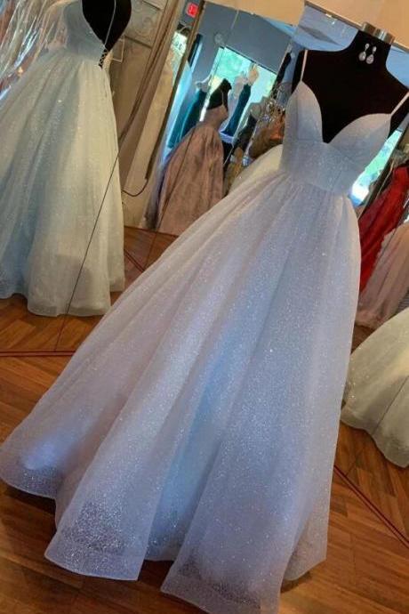A-line Tulle Light Blue Long Prom Dresses
