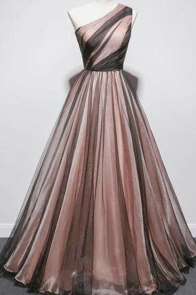 One Shoulder Black And Pink Prom Dress