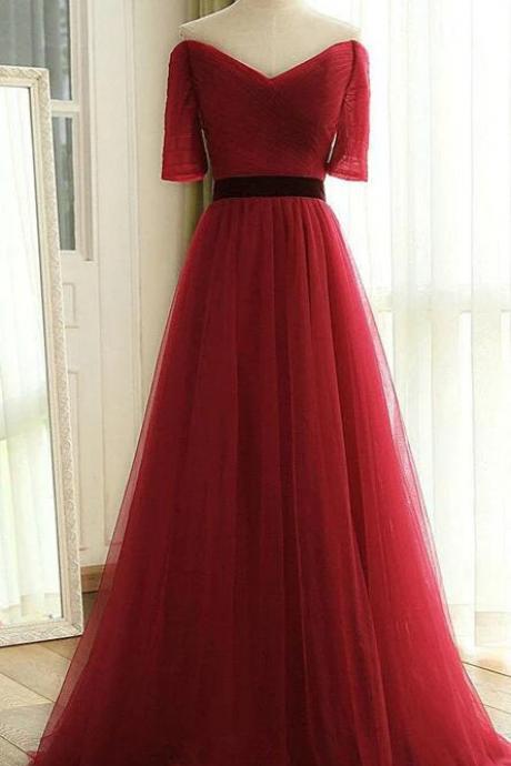 A Line Half Sleeve Dark Red Tulle Party Dress
