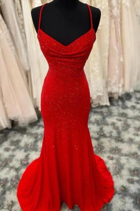 Mermaid Long Red Prom Dress With Rhinestones