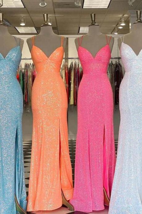 Stunning Straps Sequined Long Prom Dress