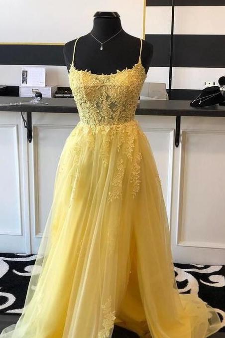 Yellow Backless Lace Slit Prom Dresses