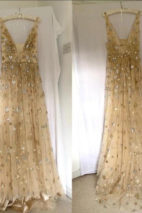 Simple A Line V Neckline Long Tulle Sequin Prom Dress