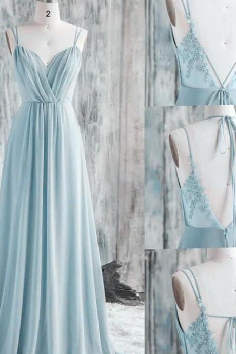 Simple Chiffon Backless Light Sky Blue Prom Dress Long Evening Dresses