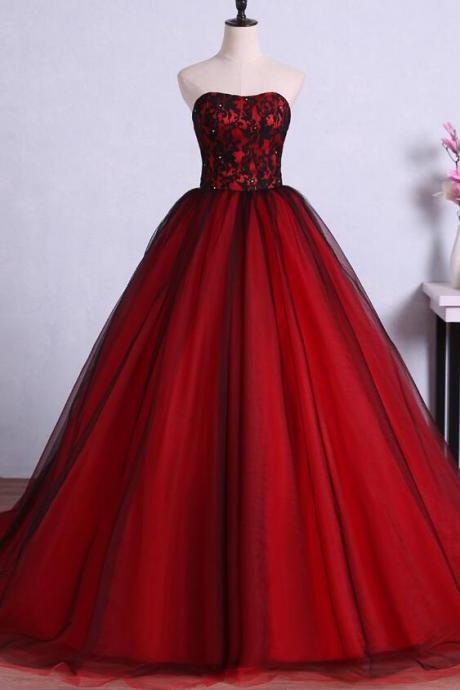Gorgeous Strapless Sweetheart A-line Red Tulle Evening Dresses