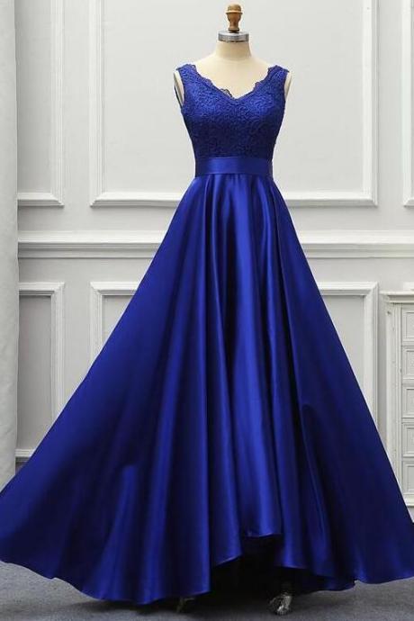Floor Length Blue V Neck Lace Satin A-line Evening Dress