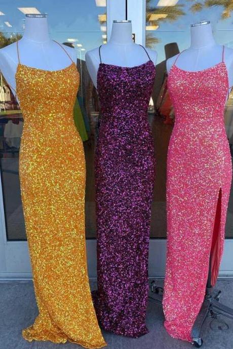 Sexy Tie Back Yellow Sequins Prom Dresses