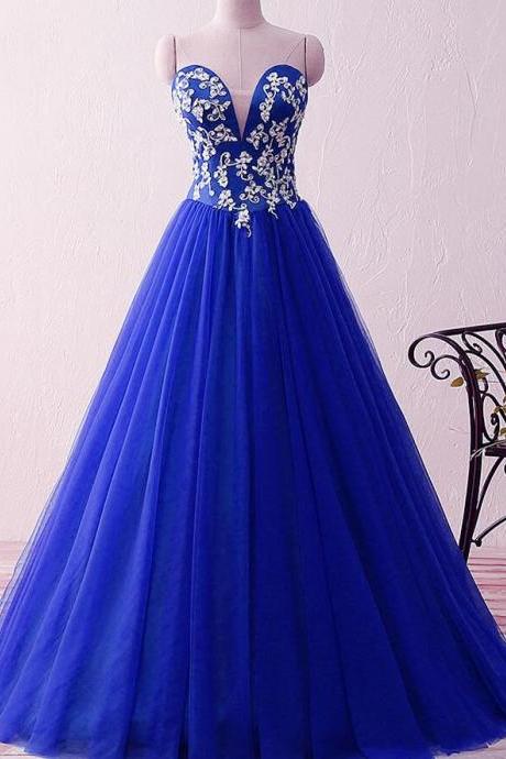 A Line Royal Blue Sweetheart Appliques Beaded Evening Dresses