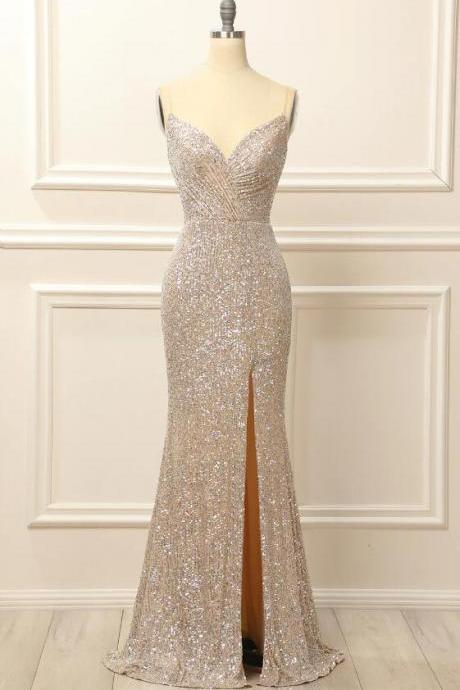 Sheath Silver Sequins Long Prom Dress With Slit