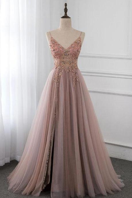 Simple Dusky Pink Crystal Tulle Prom Dresses