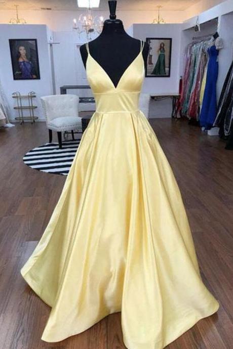 Simple Yellow Satin Long Prom Dresses