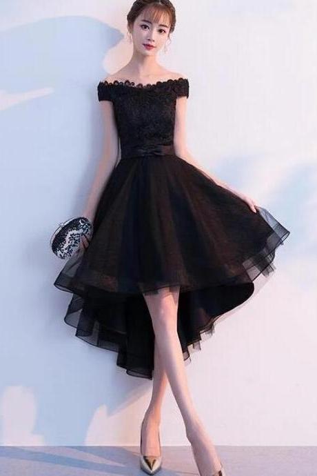 A Line High Low Black Lace Prom Gowns