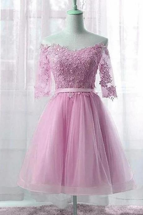 Sexy Pink Tulle Lace Short Homecoming Dresses With Sleeves