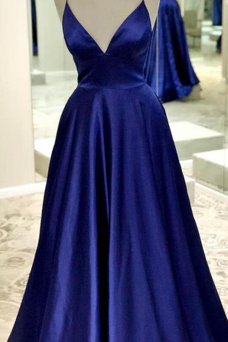 Spaghetti Strap Royal Blue Satin Long Prom Dresses