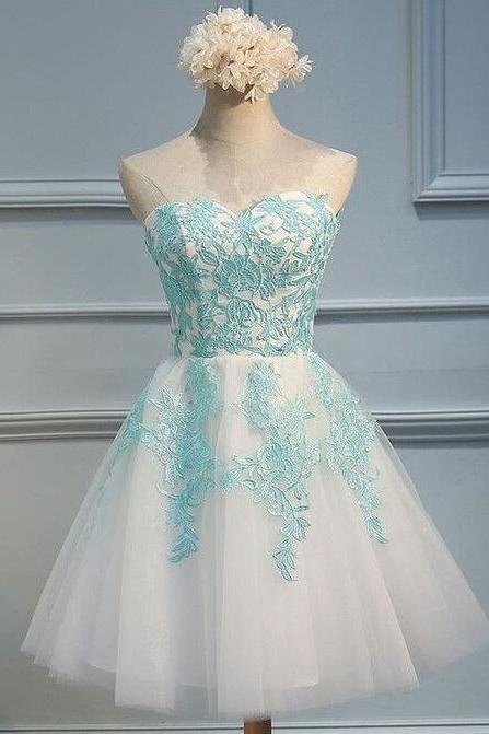 Sexy White Tulle Short Homecoming Dress With Green Lace Appliqued