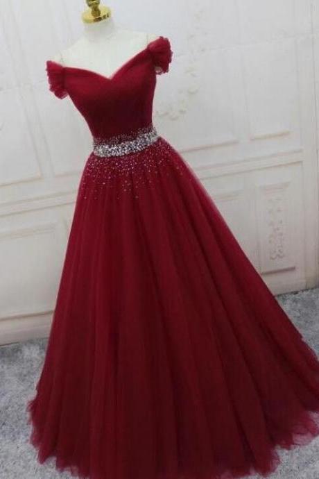 Off Shoulder Wine Red Beaded Ball Gown Prom Dresses
