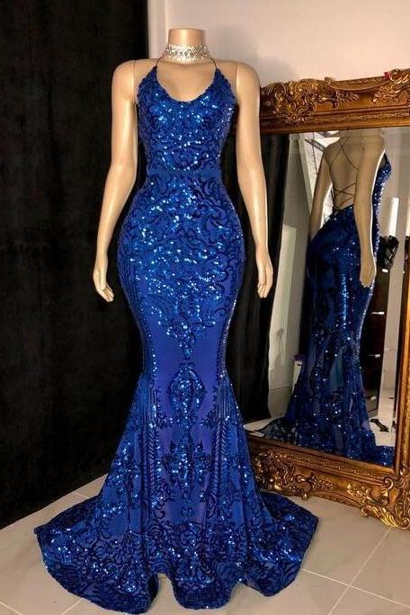Mermaid Royal Blue Backless Sequin Prom Dresses