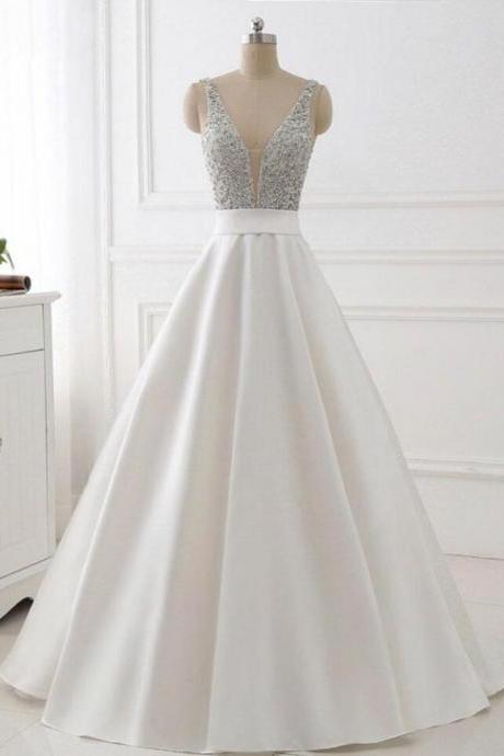 A-line V-neck Beaded Top Ivory Satin Long Prom Dresses