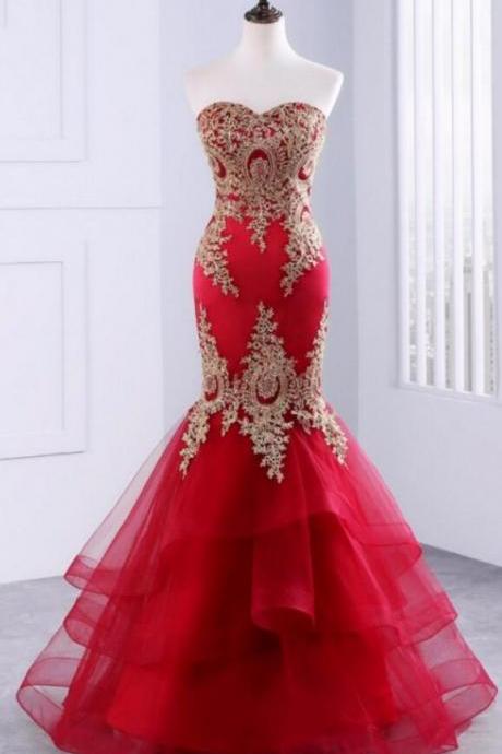 Floor Length Red Lace Prom Dresses