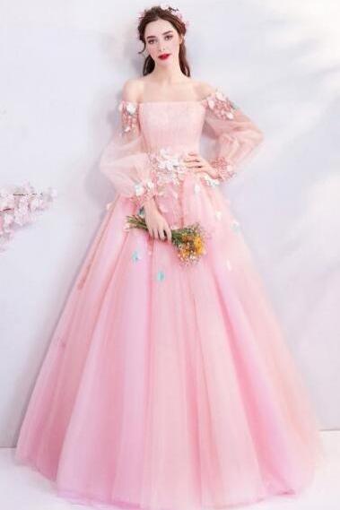 Fairy Pink Butterfly Off Shoulder Prom Dress With Long Sleeves