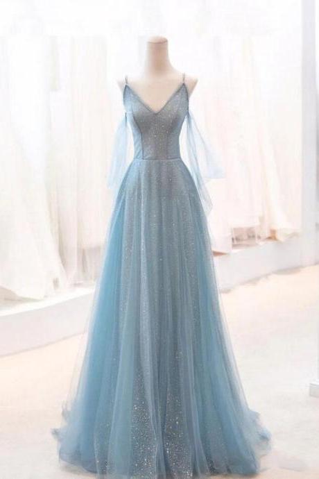 Gray Blue A Line V Neck Tulle Sequin Long Prom Dresses