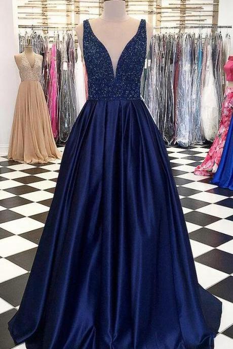 Simple Navy Blue Stain Prom Dress Long Evening Dresses