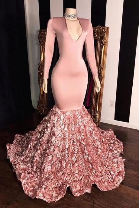 V Neck Long Sleeves Dusty Rose Prom Dress 2024