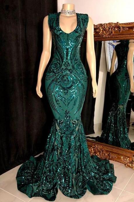 Emerald Green Sequin Sleeveless Prom Dress With Ruffles