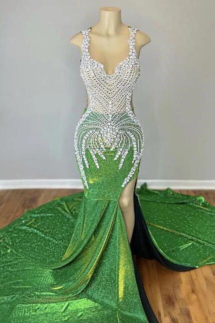 Luxurious Illusion Neck Sleeveless Prom Dresses With Slit Rhinestones Sparkly