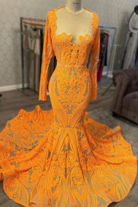 Orange Illusion Neck Long Sleeves Sequin Prom Dresses