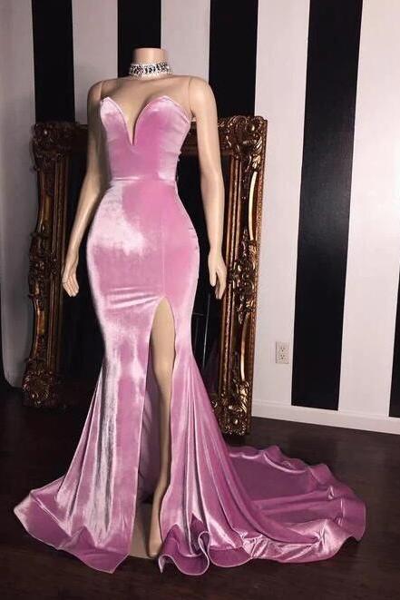 Mermaid Strapless Velvet Pink Prom Dress With Slit