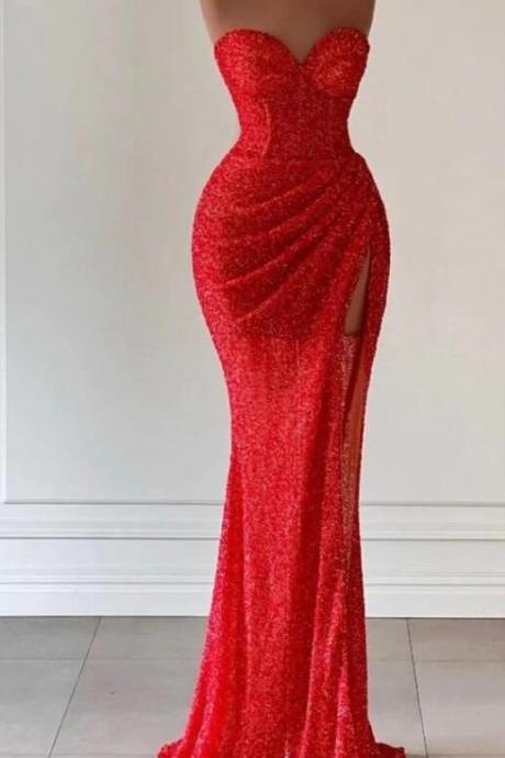 Strapless Sequin Prom Dress With Slit