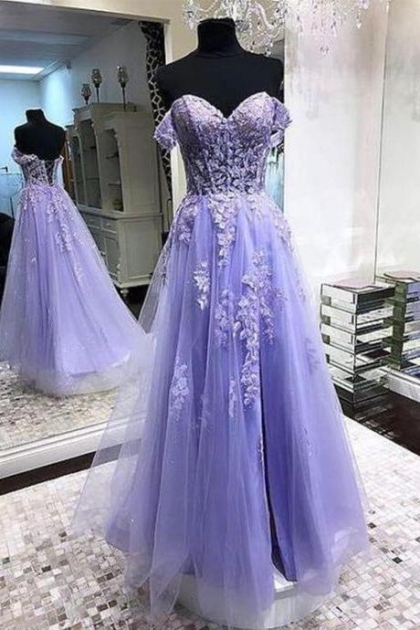 Off The Shoulder Tulle Lavender Prom Dresses With Appliques