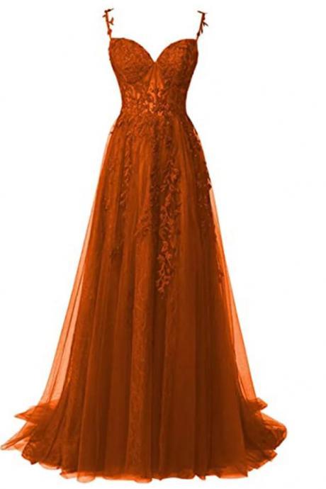 Spaghetti Straps Tulle Lace Appliques Burnt Orange Prom Dresses