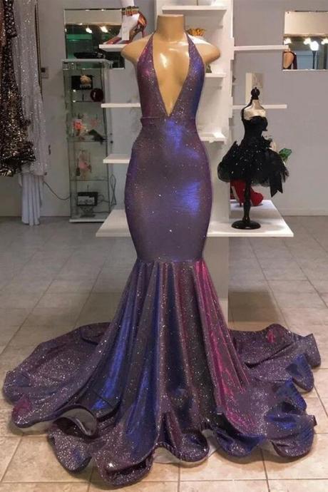 Unique Mermaid Sexy Halter Neck Plunging Glitter Prom Dress With Pleats