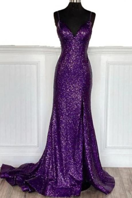 Spaghetti Straps Purple Mermaid V Neck Sequin Prom Dresses With Slit