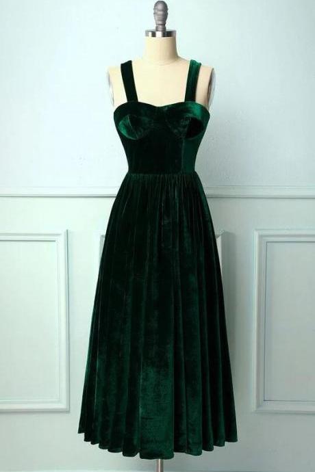 A-line Tea-length Velvet Emerald Green Prom Dresses