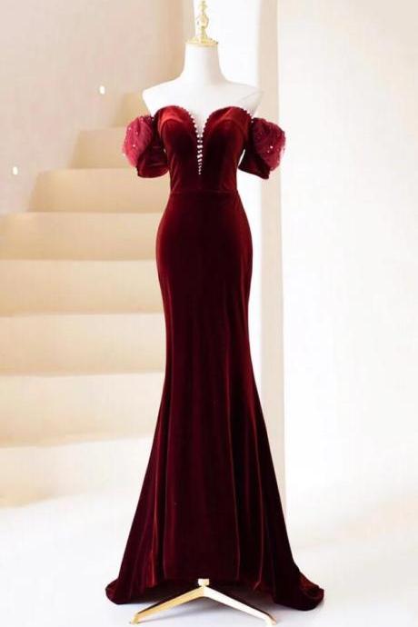 Burgundy Off Shoulder Burgundy Velvet Long Prom Dress, Pearl Evening Dress