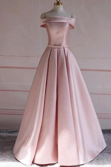 Elegant Off Shoulder Pink Satin Long Prom Dresses