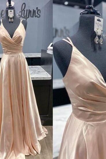 Elegant Champagne V Neck Long Prom Dresses